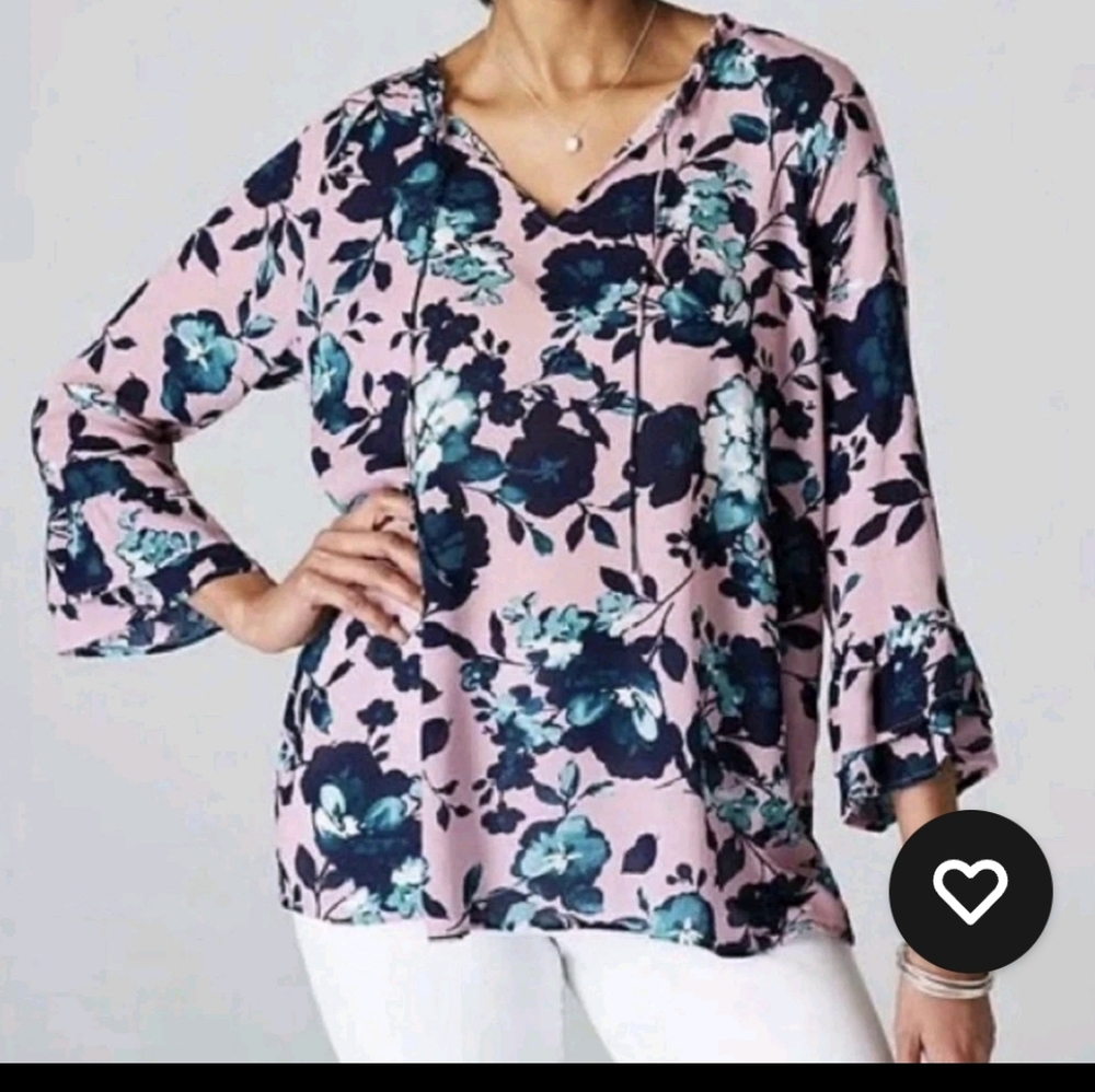J.Jill Top, Size XL, Floral Print, Bell Ruffle Sleeves, Lightweight,‎ Blue Pink
